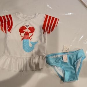 Cat & Jack Girls Red Stripe Sleeve Mermaid Swim Set with Light Blue Bottoms